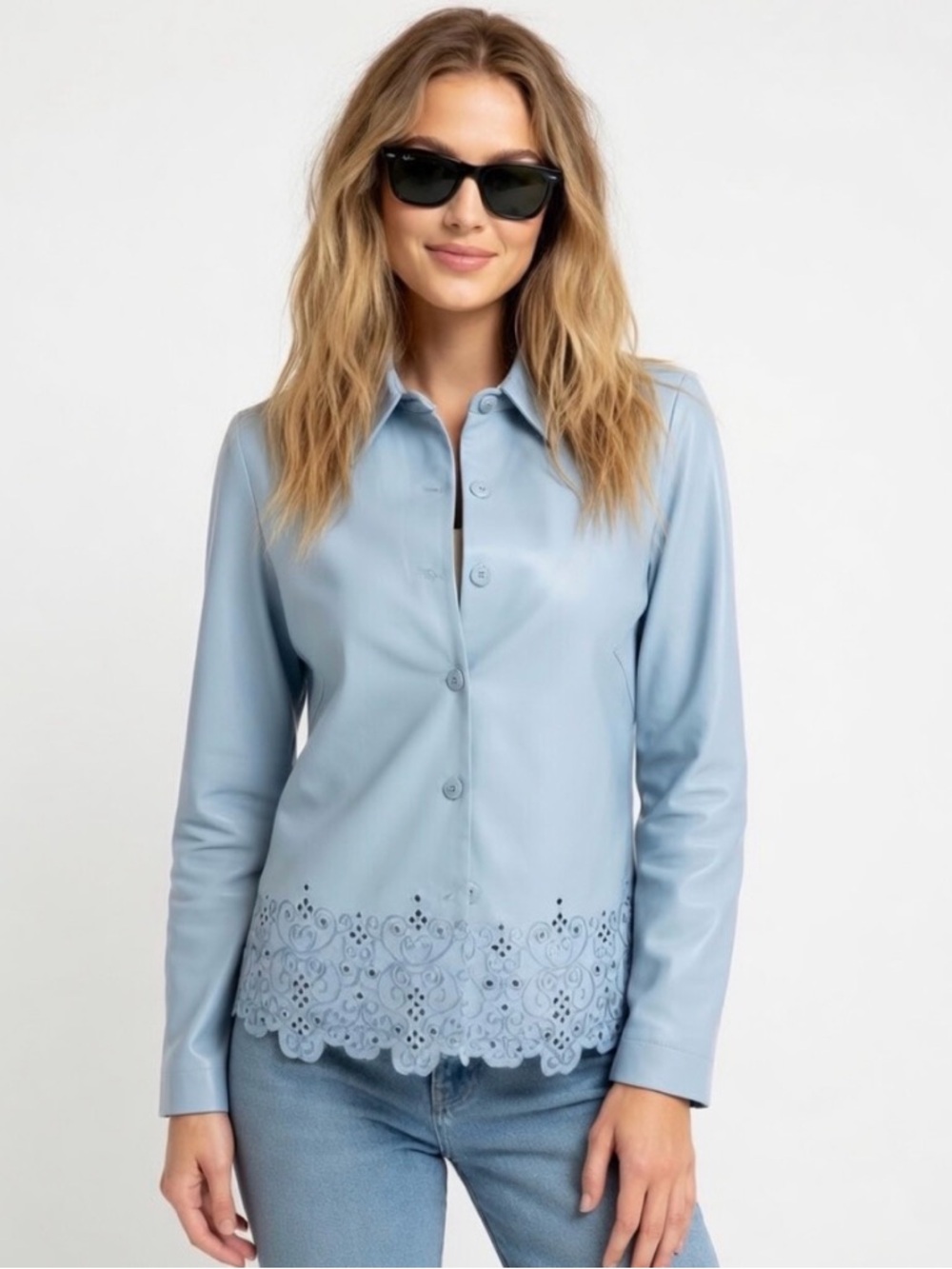 Vintage Lambskin Dana Buchman Baby Blue Leather Jacket Laser-Cut Eyelet fits 0-2